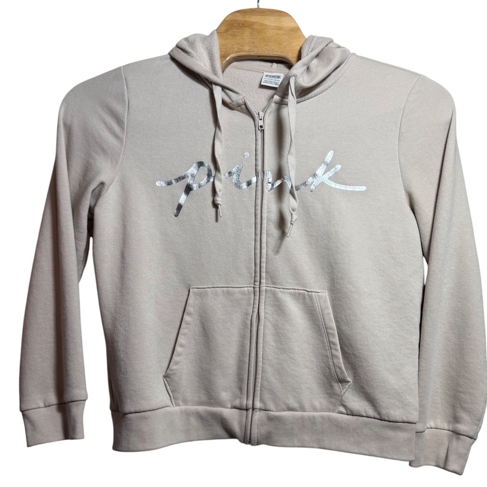 Pink Victoria's Secret Zip Up Hoodie Beige Silver Logo Sweatshirt XL